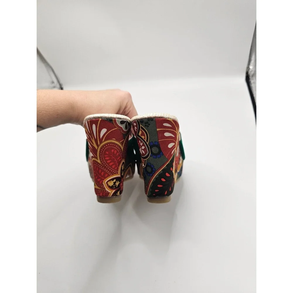 Green Floral Paisley Wedge Sandals Boho Platform Slide Mules Womens 39